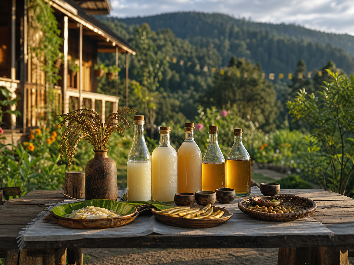 Rice-wine tasting setting in a Ziro Valley garden