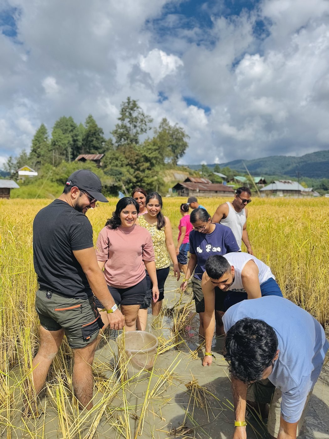 Visitors taking part in community fishing in Ziro paddy fields