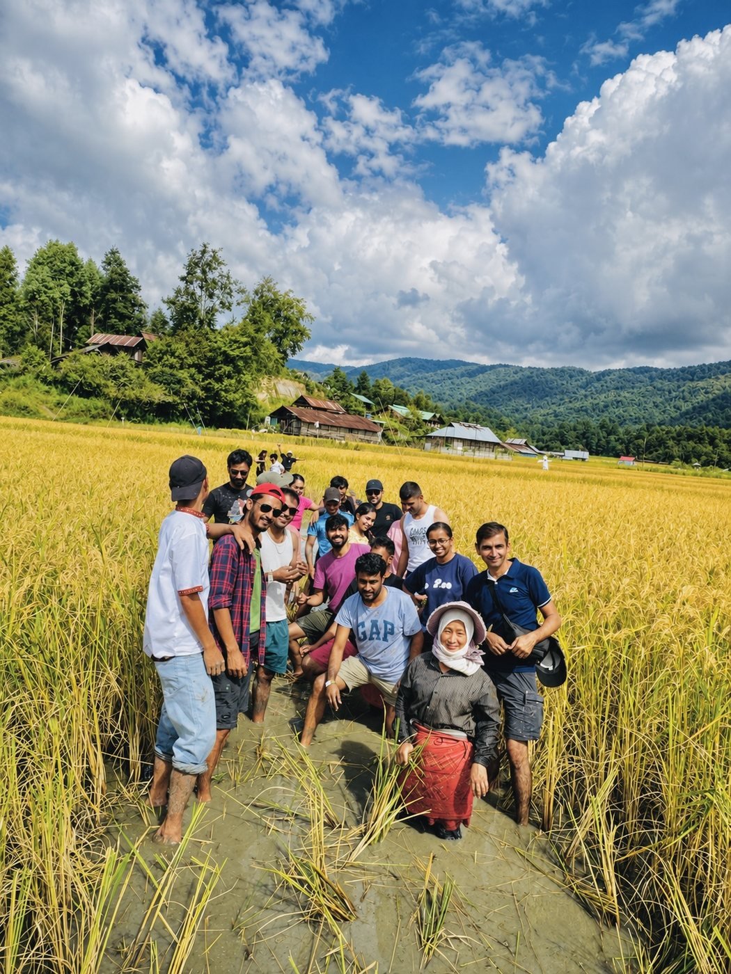 Guests sharing a paddy-field walk in Ziro Valley