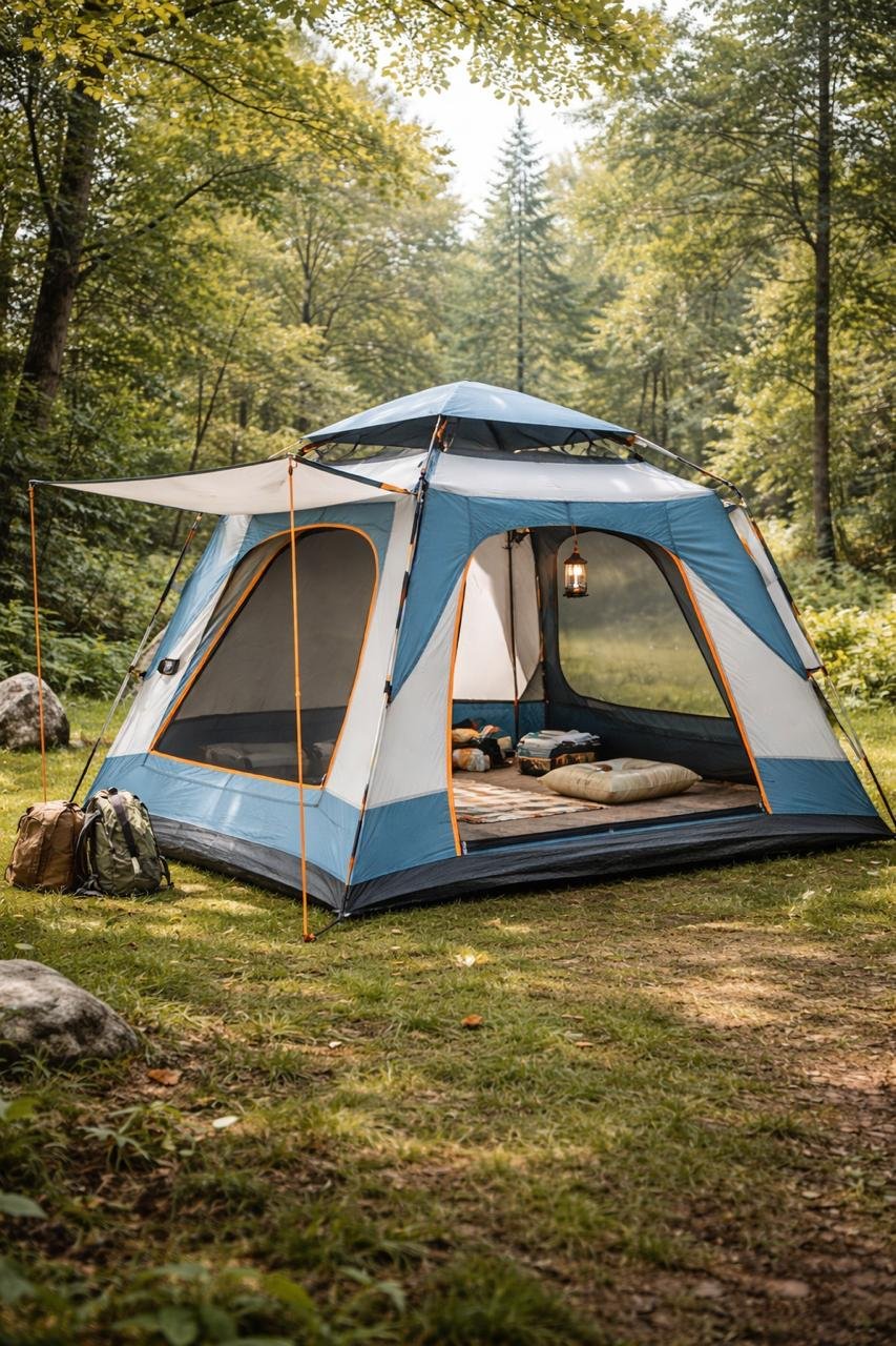 Premium tent with a covered entry at the campsite
